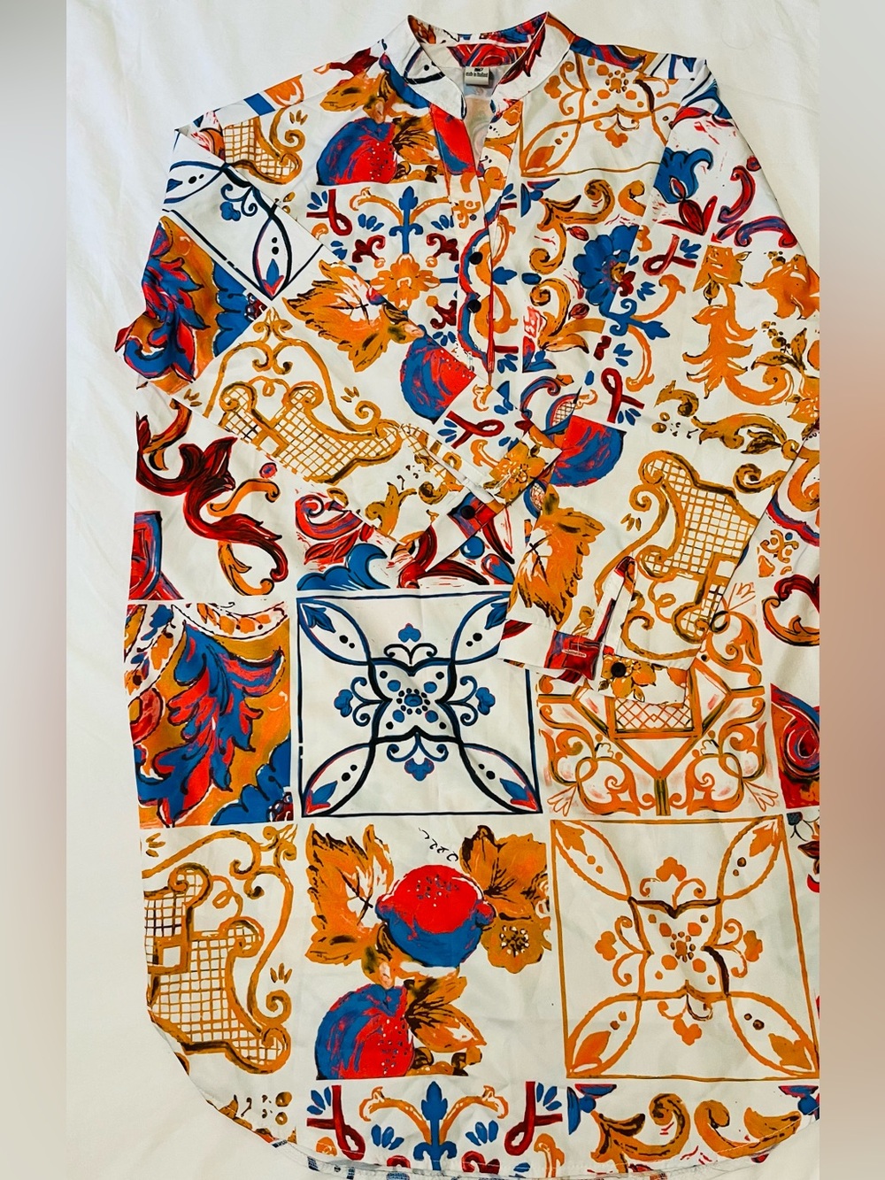 Women’s Printed Tile-Pattern Shirt Dress in White, Blue & Orange - Picture 2 of 3